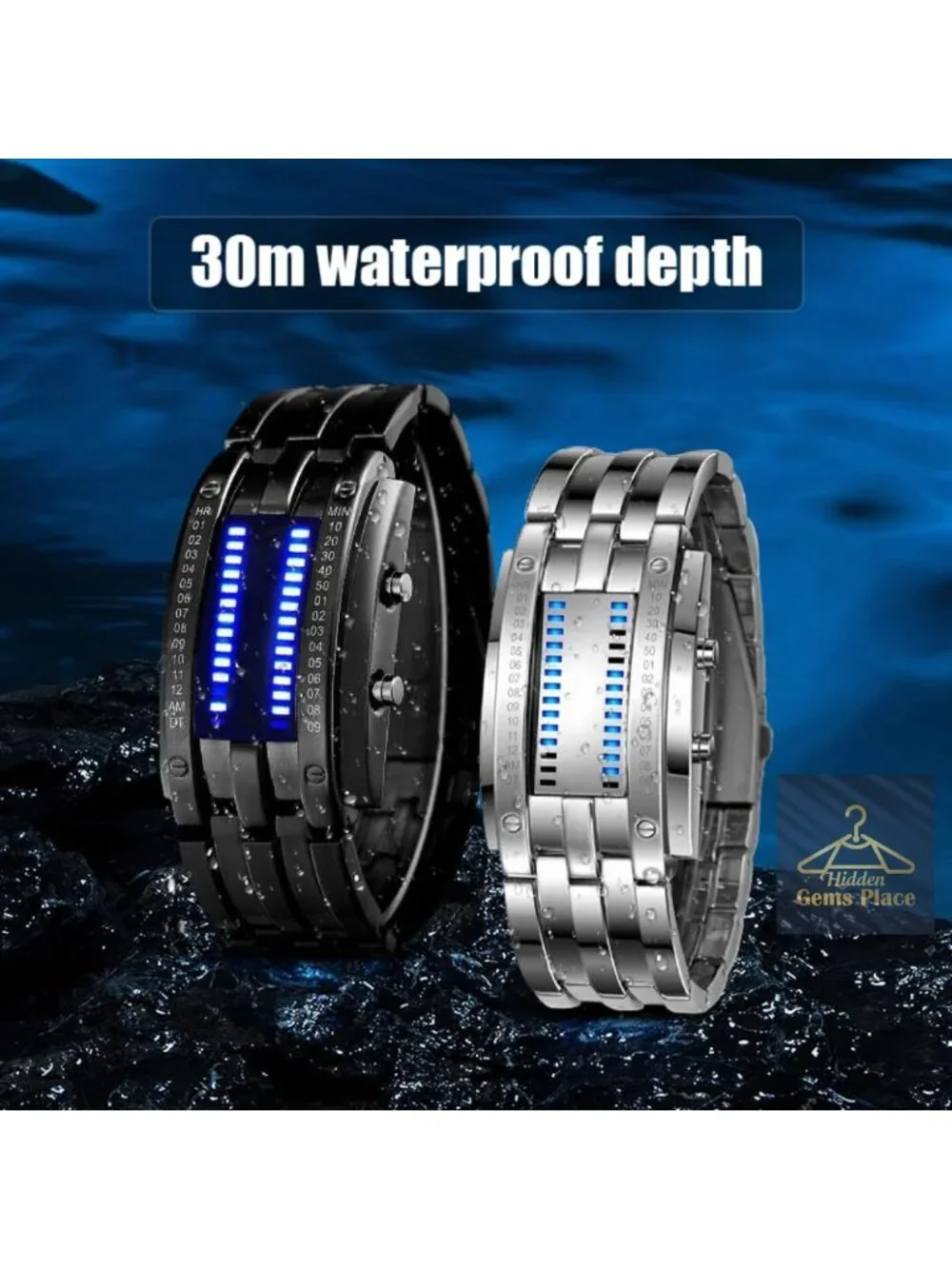 Mens Binary LED Digital Watch Black Stainless Steel Bracelet Quartz